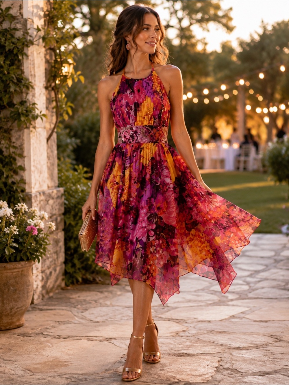 Aidan Mattox 100% Silk Floral Halter Dress Beaded‎ Waist Handkerchief Hem Size 2